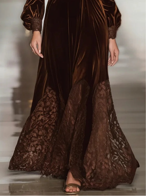 Yasna - Vestidos Largos de Terciopelo con Cuello alto y Patchwork
