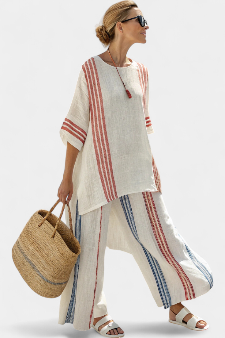 Anila - Elegante Lino Dos Piezas Conjunto Con Rayas Diseño