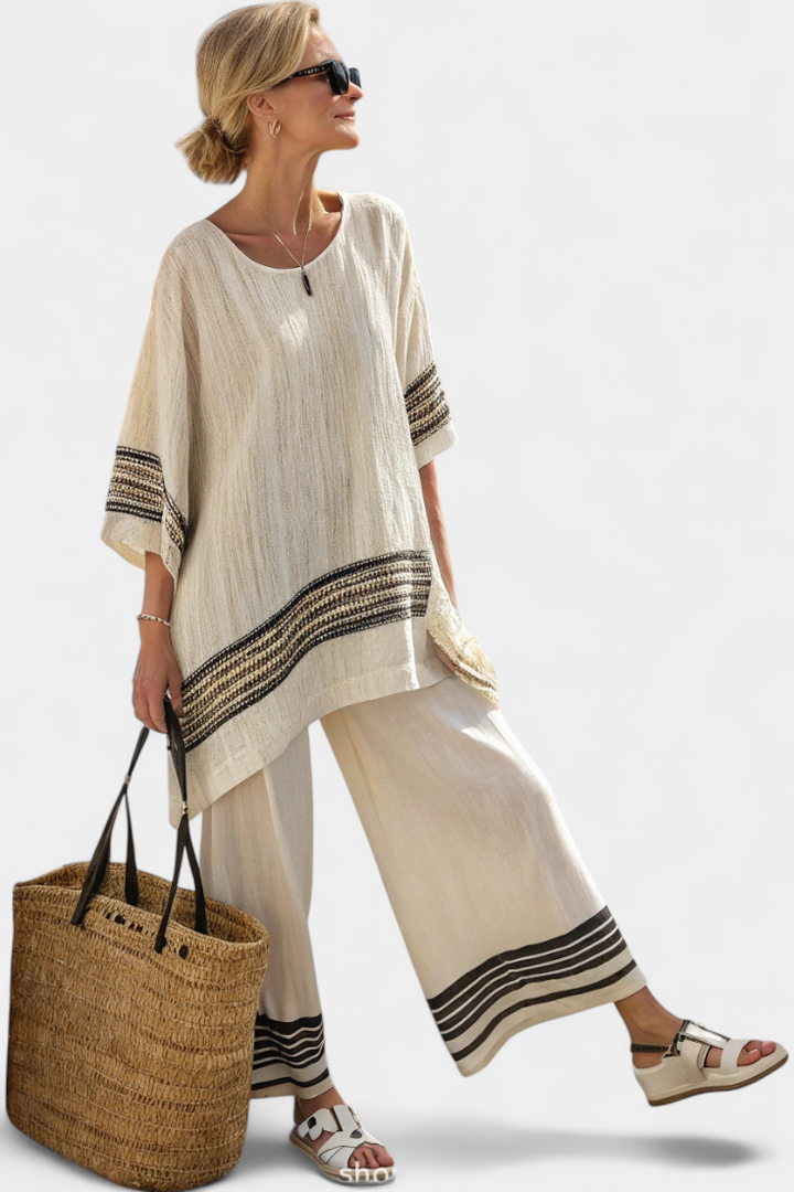 Anila - Elegante Lino Dos Piezas Conjunto Con Rayas Diseño