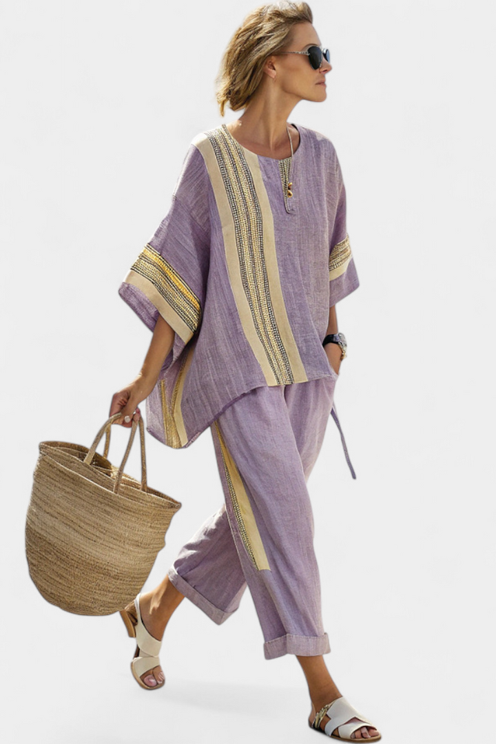 Anila - Elegante Lino Dos Piezas Conjunto Con Rayas Diseño