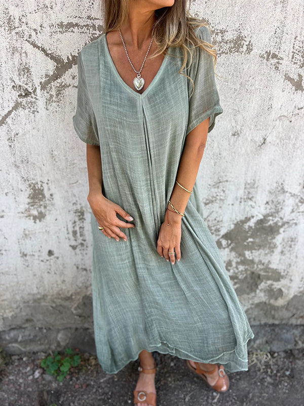 Naduni - Elegante Vestido de Algodón y lino Con Cuello en V
