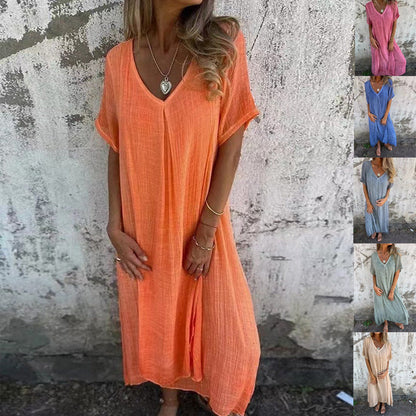 Naduni - Elegante Vestido de Algodón y lino Con Cuello en V
