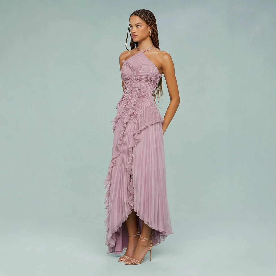 Maraike - Vestido Largo con Cuello Halter y Volantes Plisados