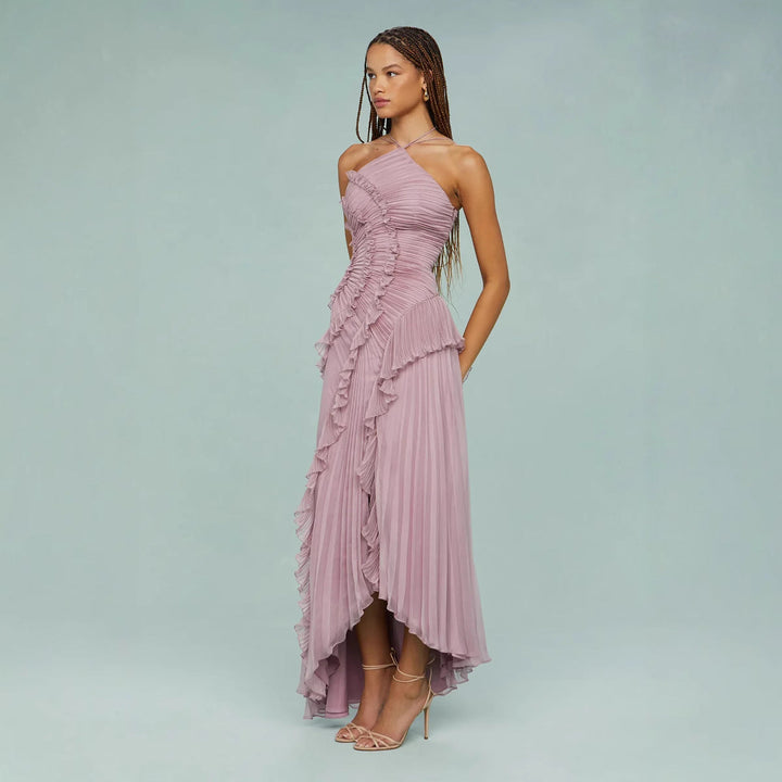 Maraike - Vestido Largo con Cuello Halter y Volantes Plisados