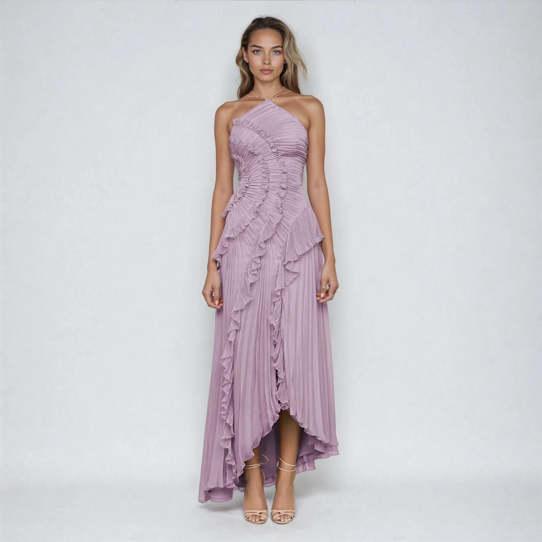 Maraike - Vestido Largo con Cuello Halter y Volantes Plisados