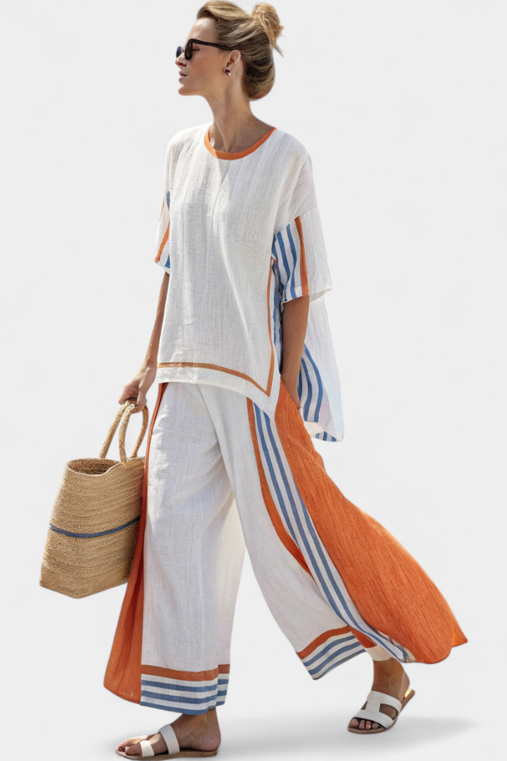 Anila - Elegante Lino Dos Piezas Conjunto Con Rayas Diseño