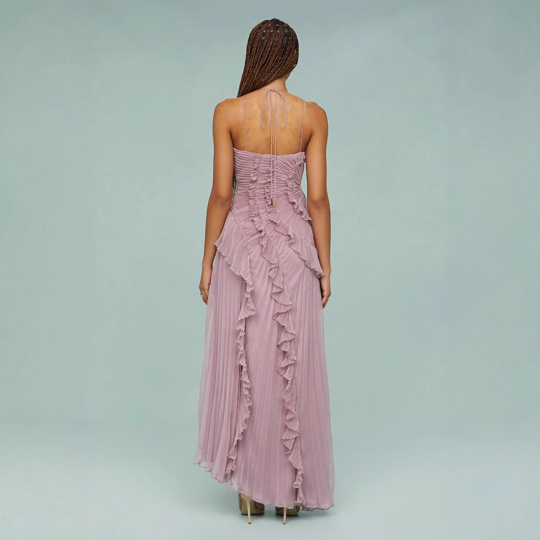 Maraike - Vestido Largo con Cuello Halter y Volantes Plisados