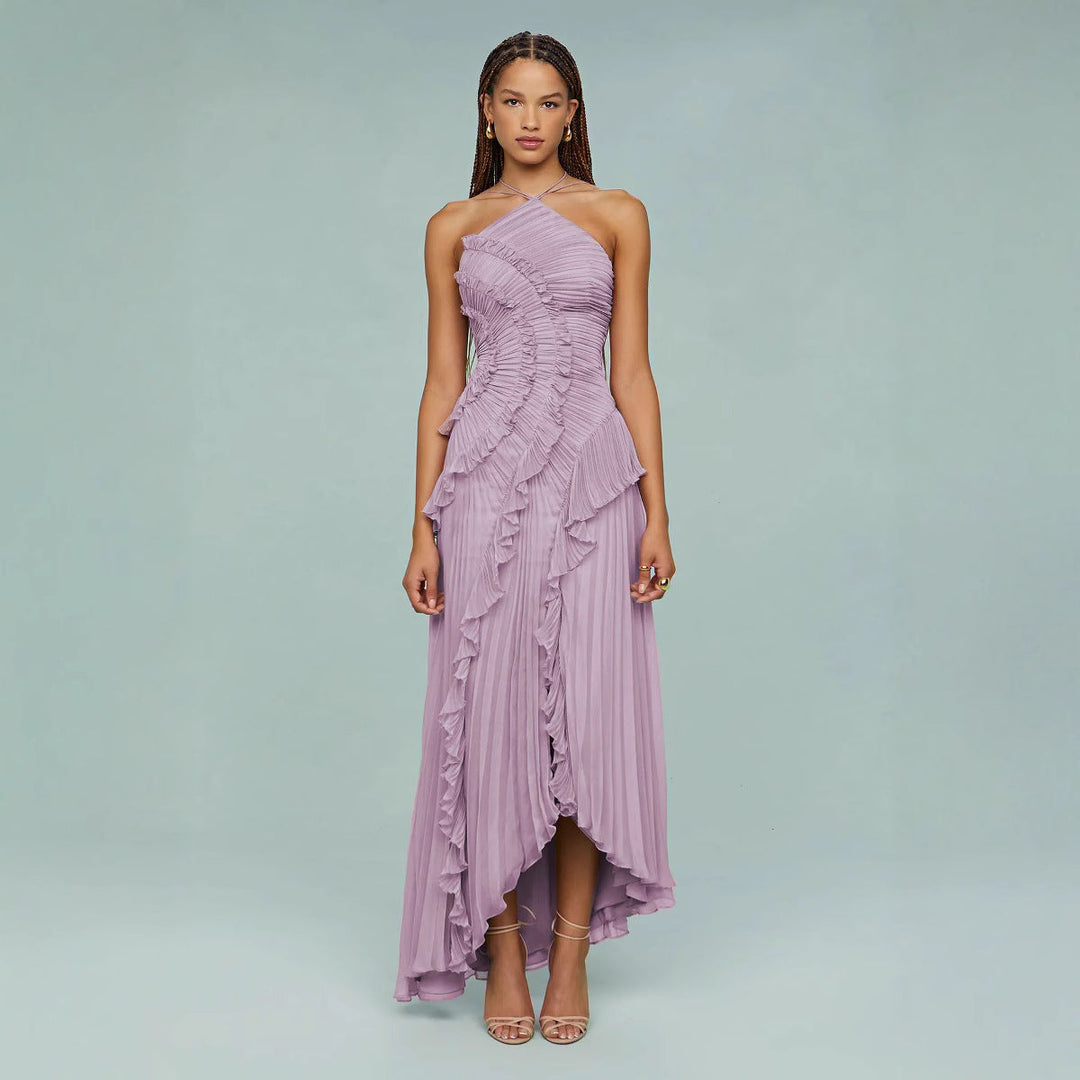 Maraike - Vestido Largo con Cuello Halter y Volantes Plisados