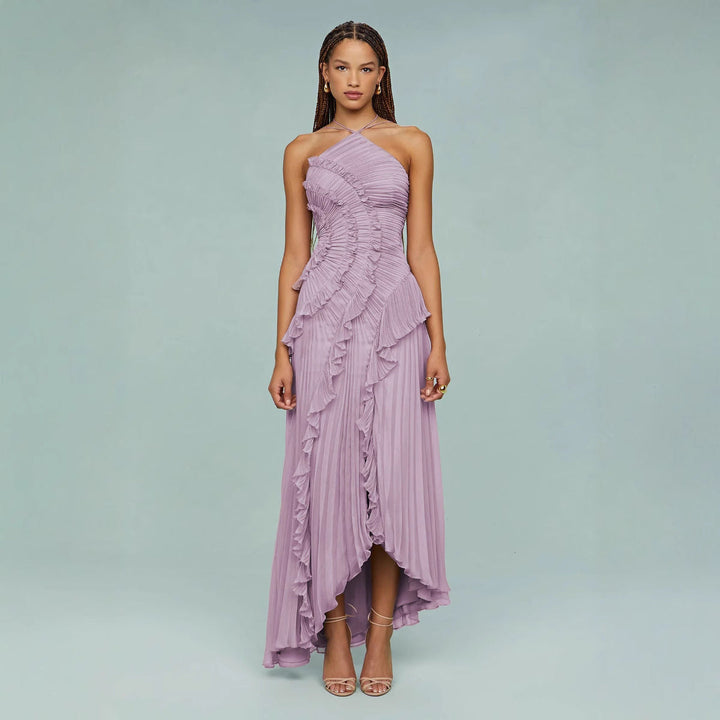 Maraike - Vestido Largo con Cuello Halter y Volantes Plisados