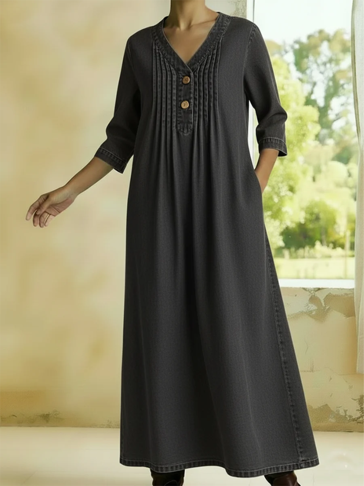 Danjela - Vestido Vaquero Con cuello En V y Botones