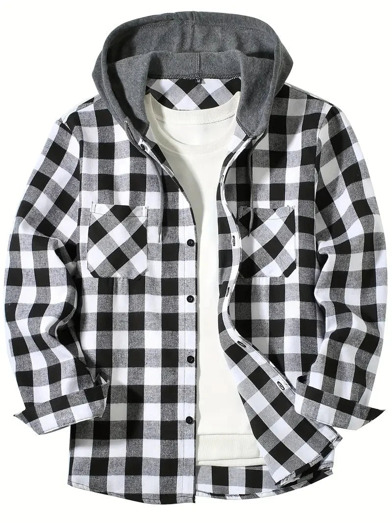 Ronildo - Camisa a Cuadros de Manga Larga Con Capucha y Botones