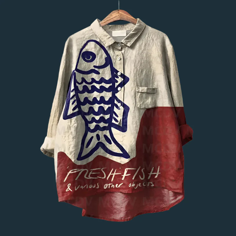 Saioa - Cómoda Camiseta Vintage Con Estampado De Peces