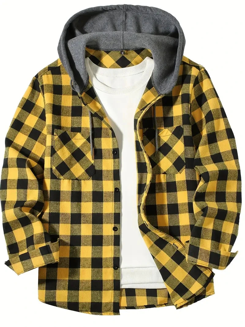 Ronildo - Camisa a Cuadros de Manga Larga Con Capucha y Botones