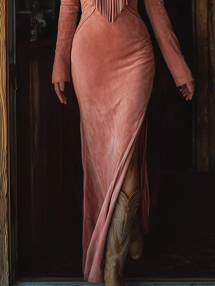 Nocturne - Vestido Largo de ante con Bordado de Flecos