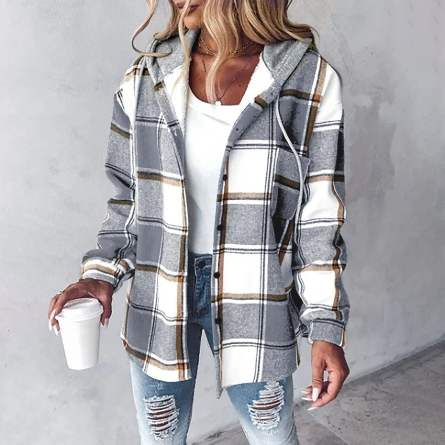 Liene - Chaqueta Camisa Con Capucha y Botones a Cuadros