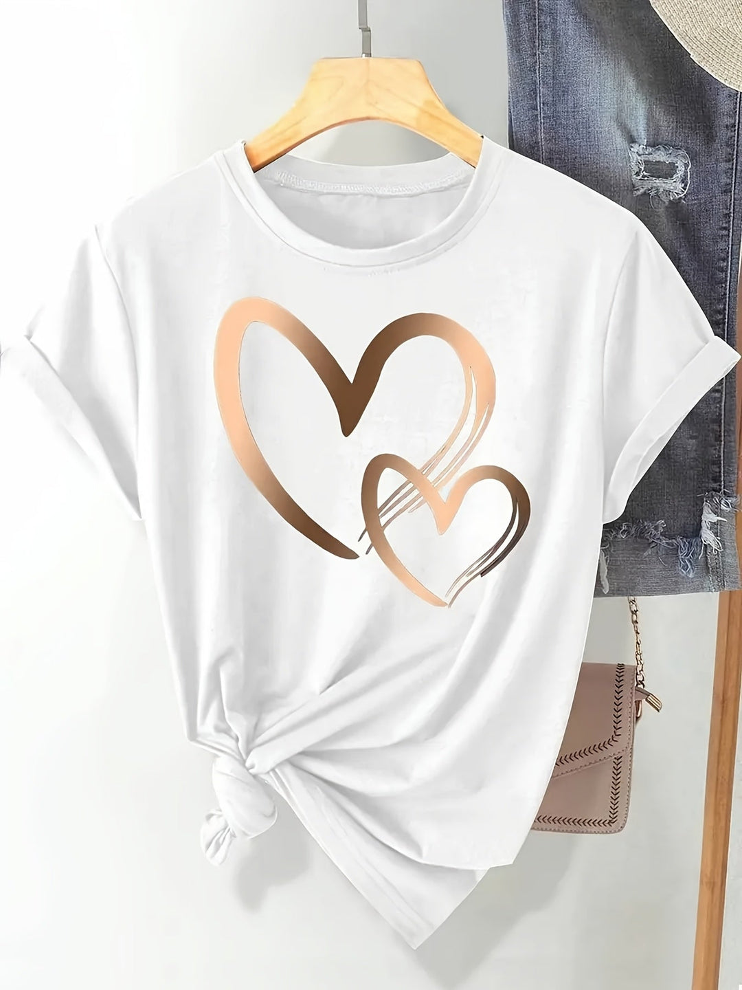 Larson - Informal Manga Corta Camiseta Con Estampado De Corazones