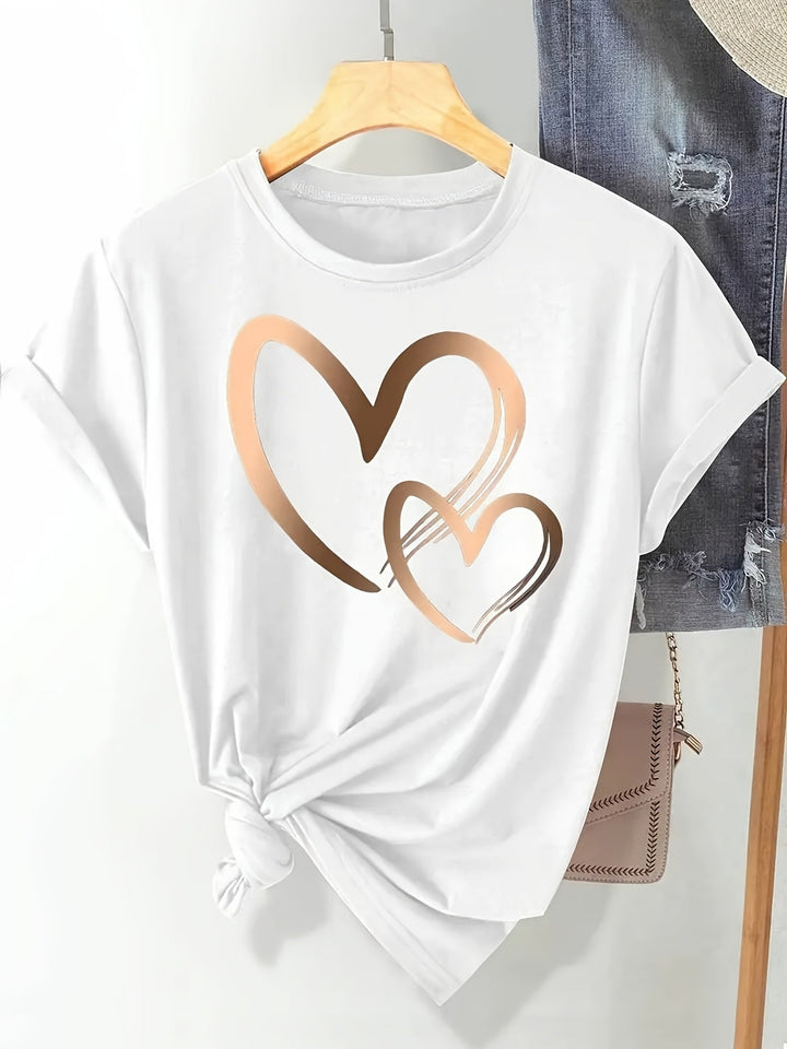 Larson - Informal Manga Corta Camiseta Con Estampado De Corazones