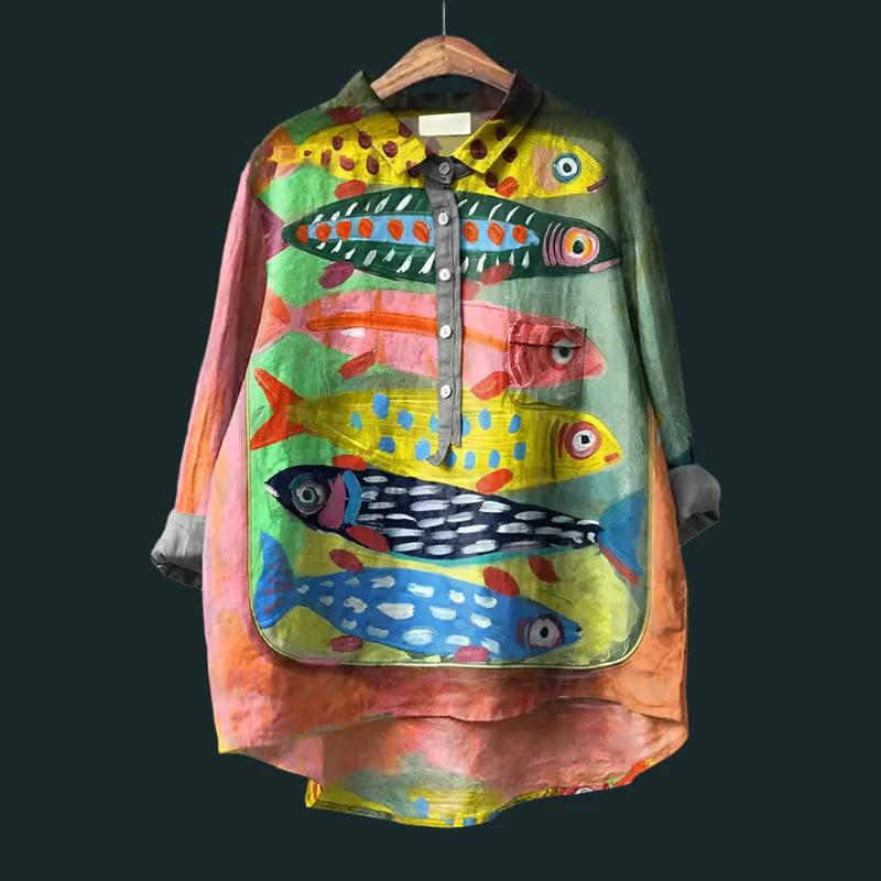 Saioa - Cómoda Camiseta Vintage Con Estampado De Peces