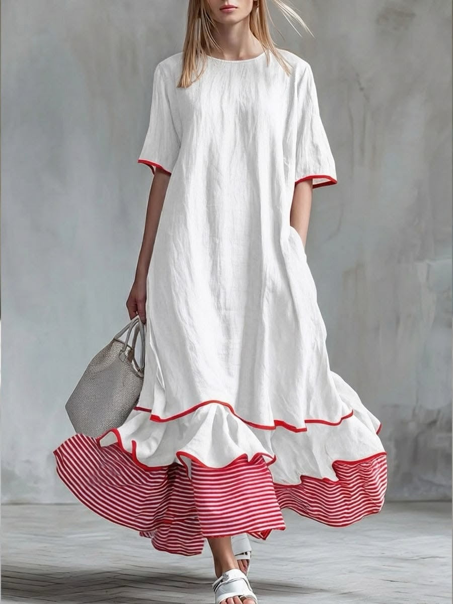 Behice - Vestido Largo Con Mangas Cortas Y Volantes a Rayas Rojas