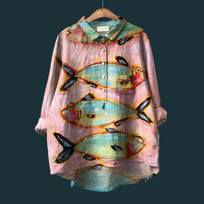 Saioa - Cómoda Camiseta Vintage Con Estampado De Peces