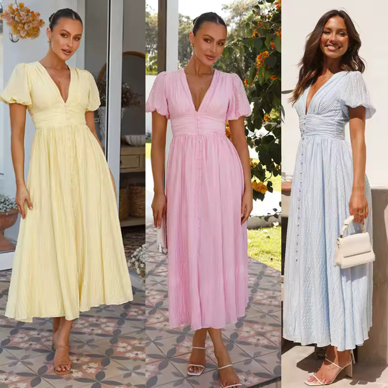 Sneja - Elegante Vestido Con Mangas Abullonadas y Botones