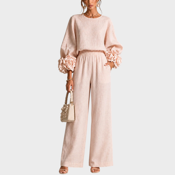 Mersada - Conjunto de Pantalón de Pierna Ancha y Manga Larga Con Puños Florales
