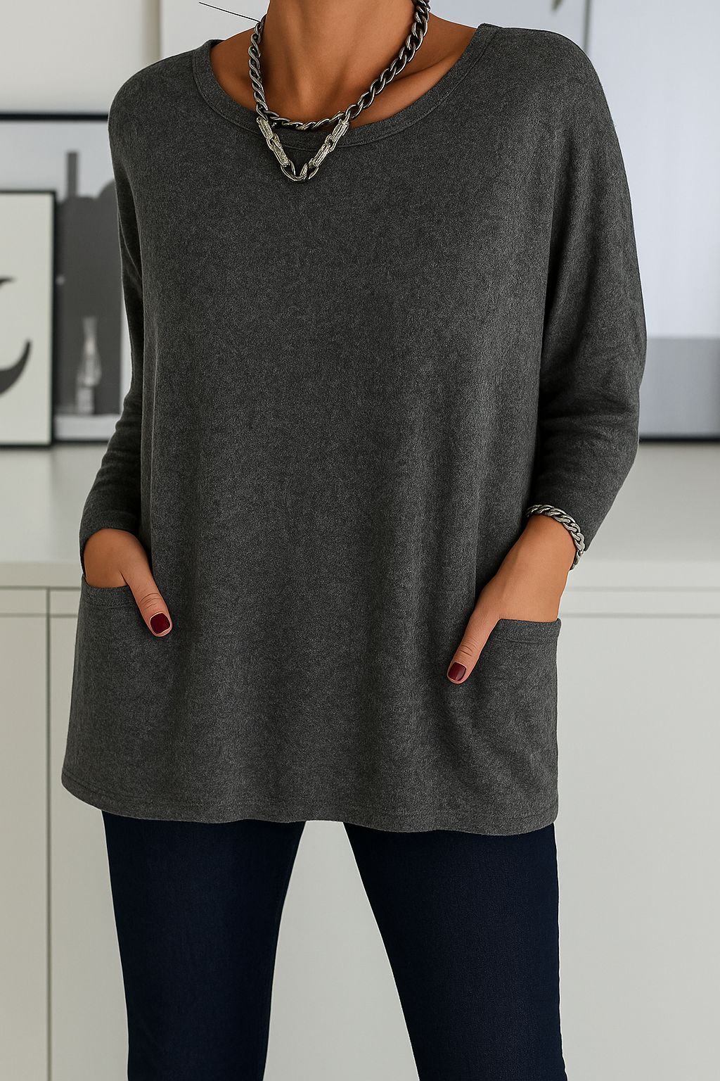 Noryn - Jersey Oversize Con Cuello Redondo y Bolsillos