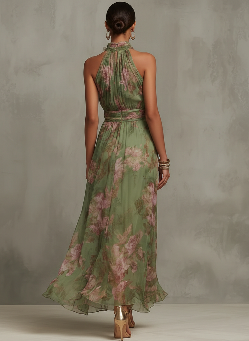 Livya - Elegante Vestido Largo con Cuello Halter y Estampado Floral