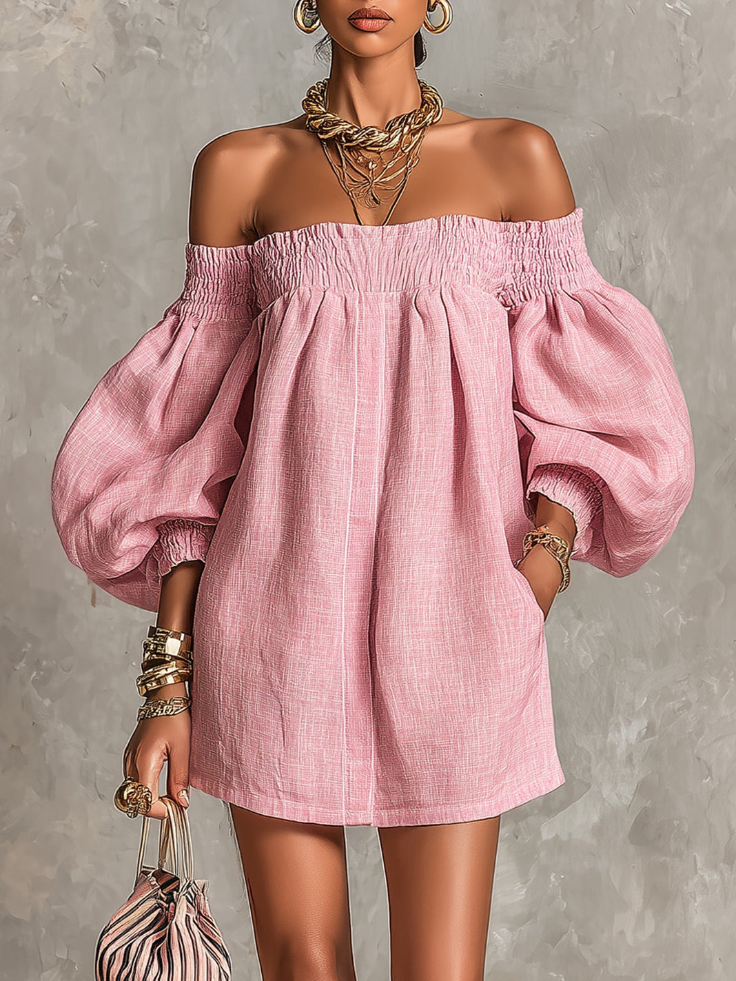 Rewina - Vestido Mini Con Hombros Al Aire Y Mangas Acampanadas