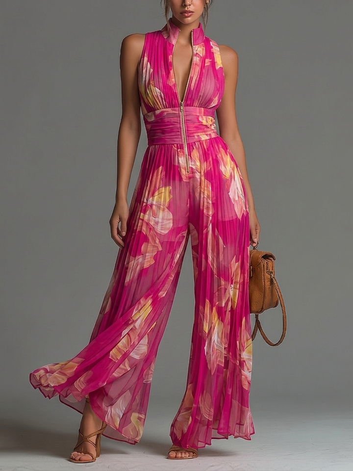 Lamai -  Elegante Mono Con Cuello Halter, Pliegues Y Pernera Ancha