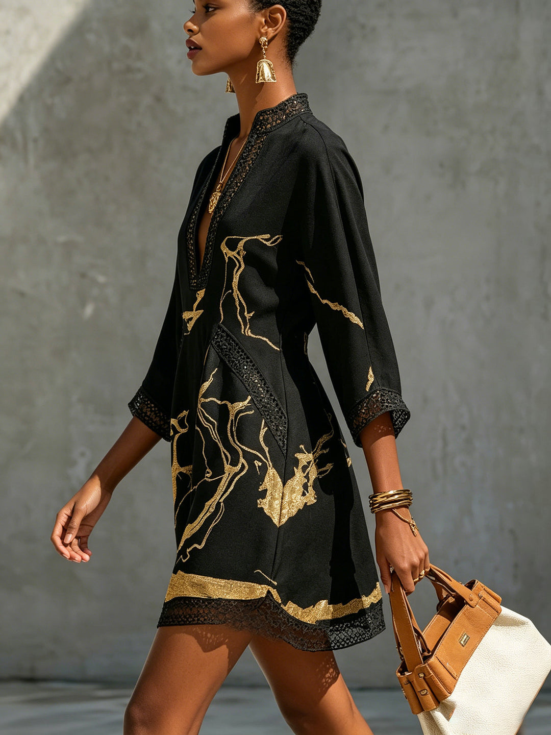 Arlinen - Minivestido Con Estampado De Mármol Dorado Y Encaje De Ganchillo
