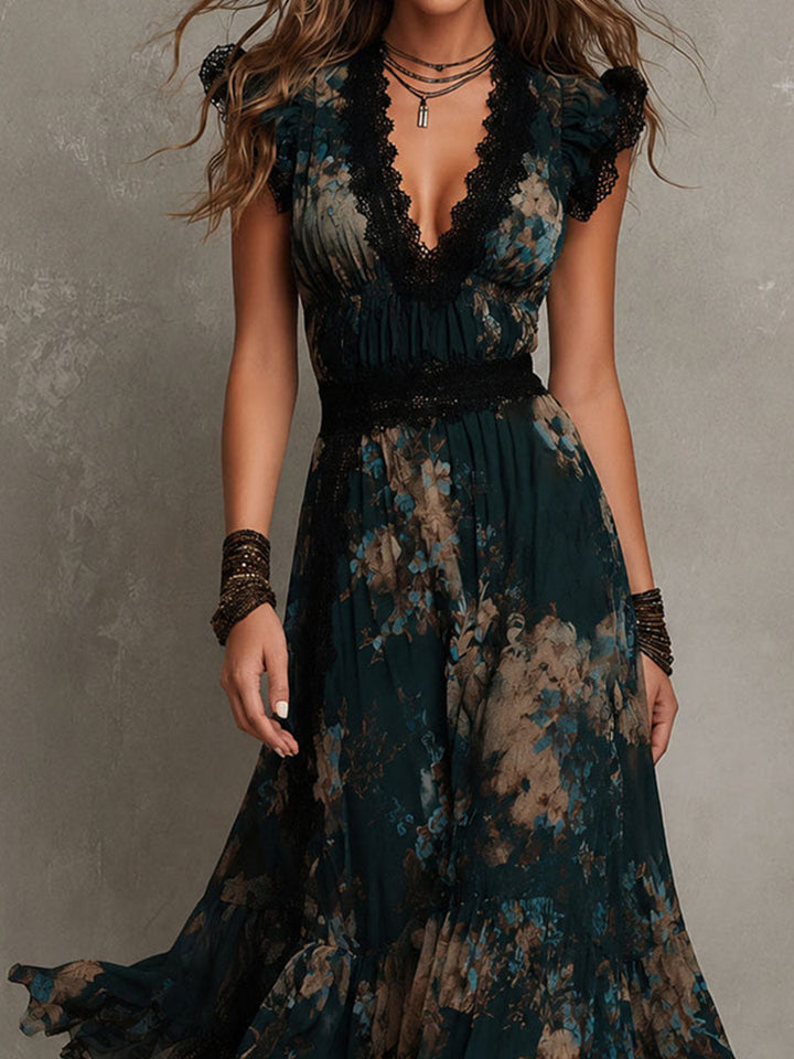Alime - Vestido Largo Con Ribete De Encaje Floral
