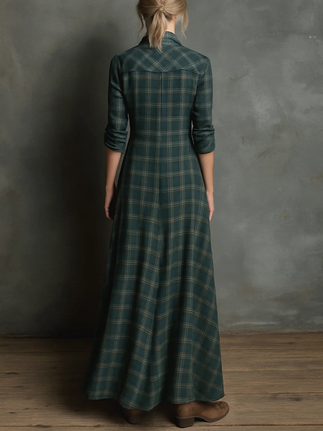 Jaelyn - Vestido Largo Con Solapas a Cuadros Verdes