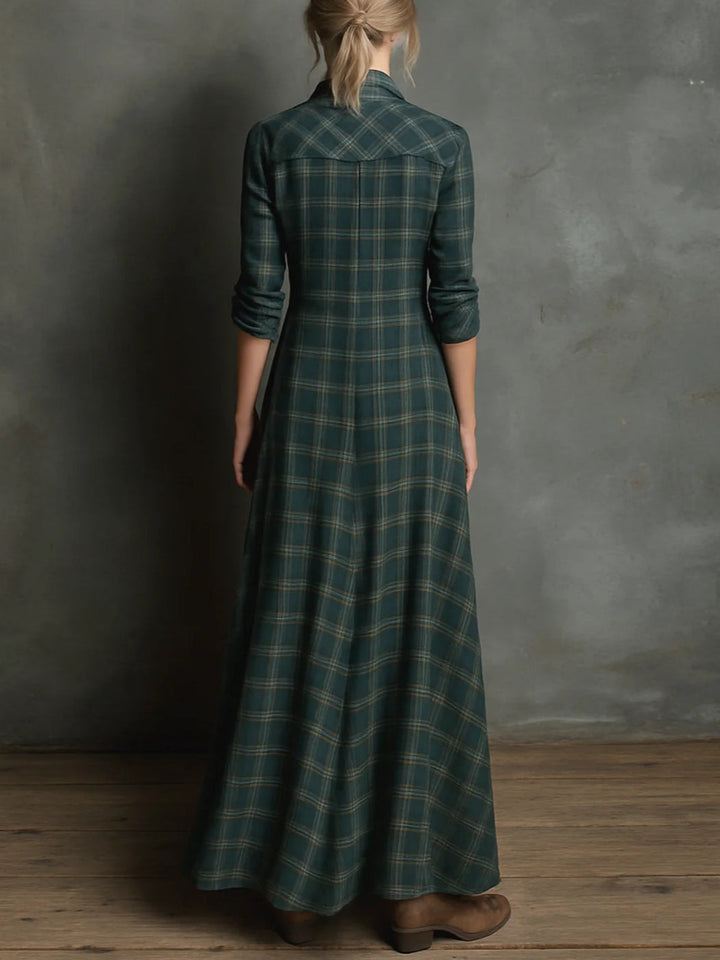 Jaelyn - Vestido Largo Con Solapas a Cuadros Verdes