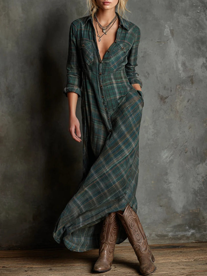 Jaelyn - Vestido Largo Con Solapas a Cuadros Verdes