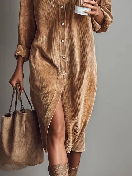 Nurcan - Vestido Camisero Con Textura de Pana y Bolsillos