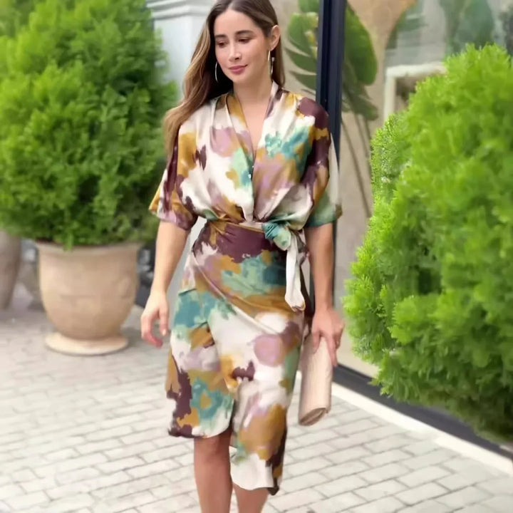 Natalja - Elegante Vestido De Satén Con Estampado Abstracto