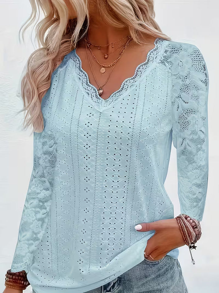 Shaleva - Elegante Camisa de Manga Larga Con Cuello en V de Encaje