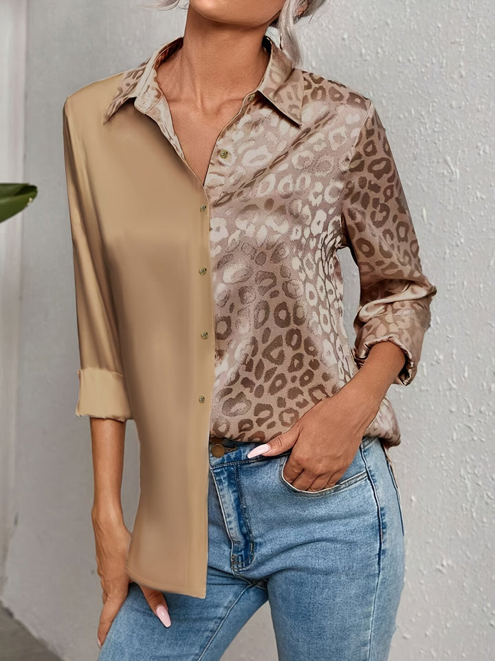 Gwendolyn - Camisa Abotonada De Satén Bicolor Con Estampado De Leopardo En Jacquard