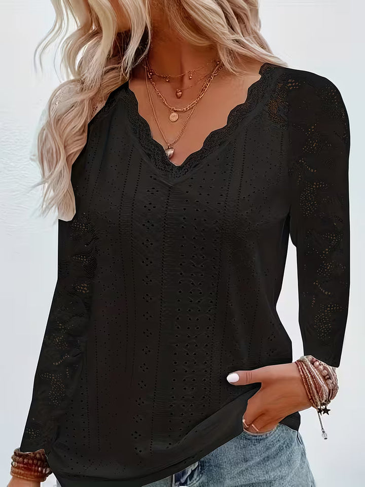 Shaleva - Elegante Camisa de Manga Larga Con Cuello en V de Encaje