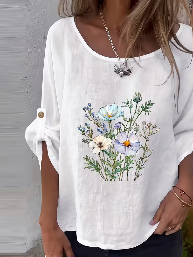 Sheril - Camiseta Holgada Con Mangas Enrollables y Estampado Floral