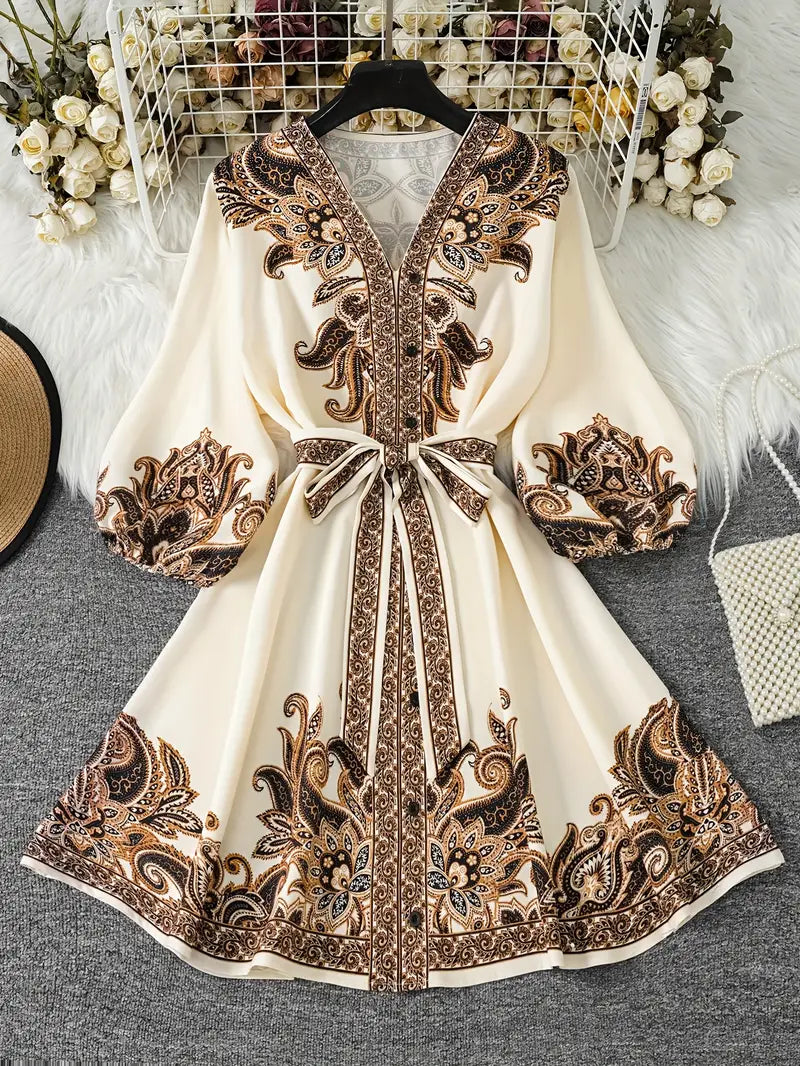 Gwenda - Vestido Evasé Con Estampado De Cachemira y Cuello En V