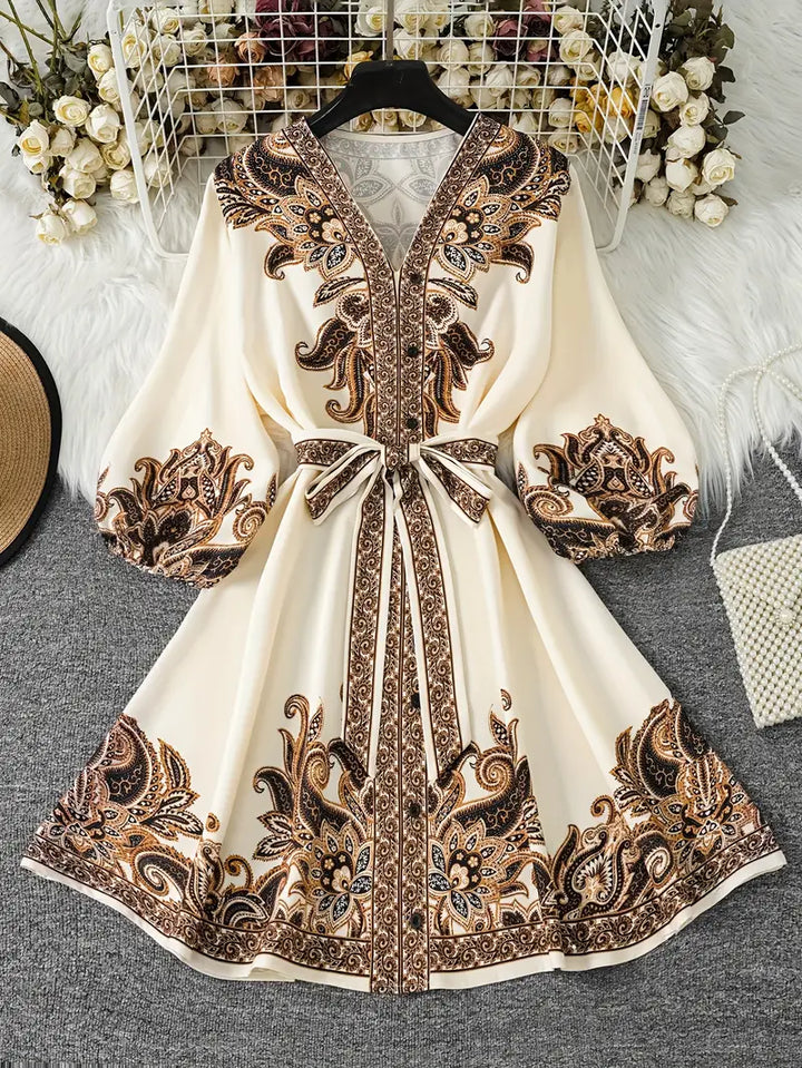 Gwenda - Vestido Evasé Con Estampado De Cachemira y Cuello En V