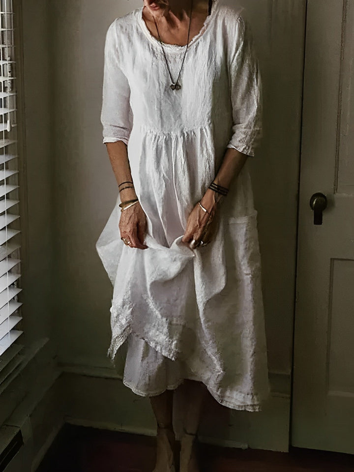 Tasoula - Elegante Vestido De Lino Con Cuello Redondo