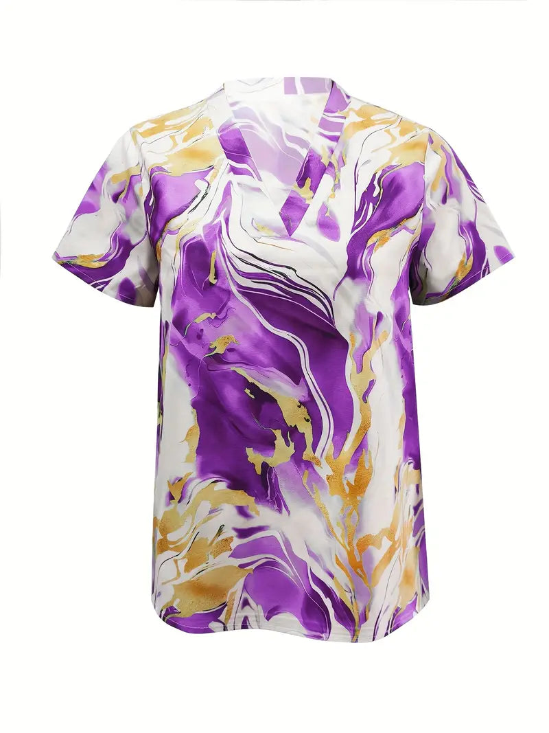 Maroula - Elegante Camisa De Manga Corta Con Estampado De Mármol
