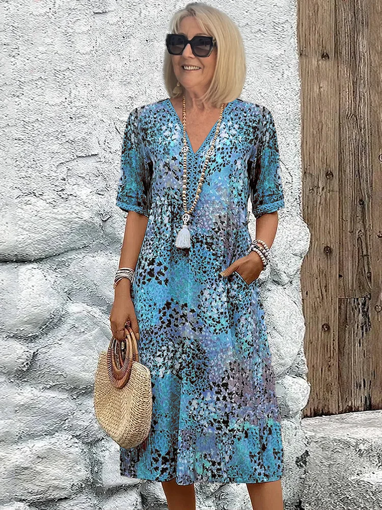 Kimano - Vestido Estampado De Manga Corta y Largo Hasta La Mitad De La Pantorrilla