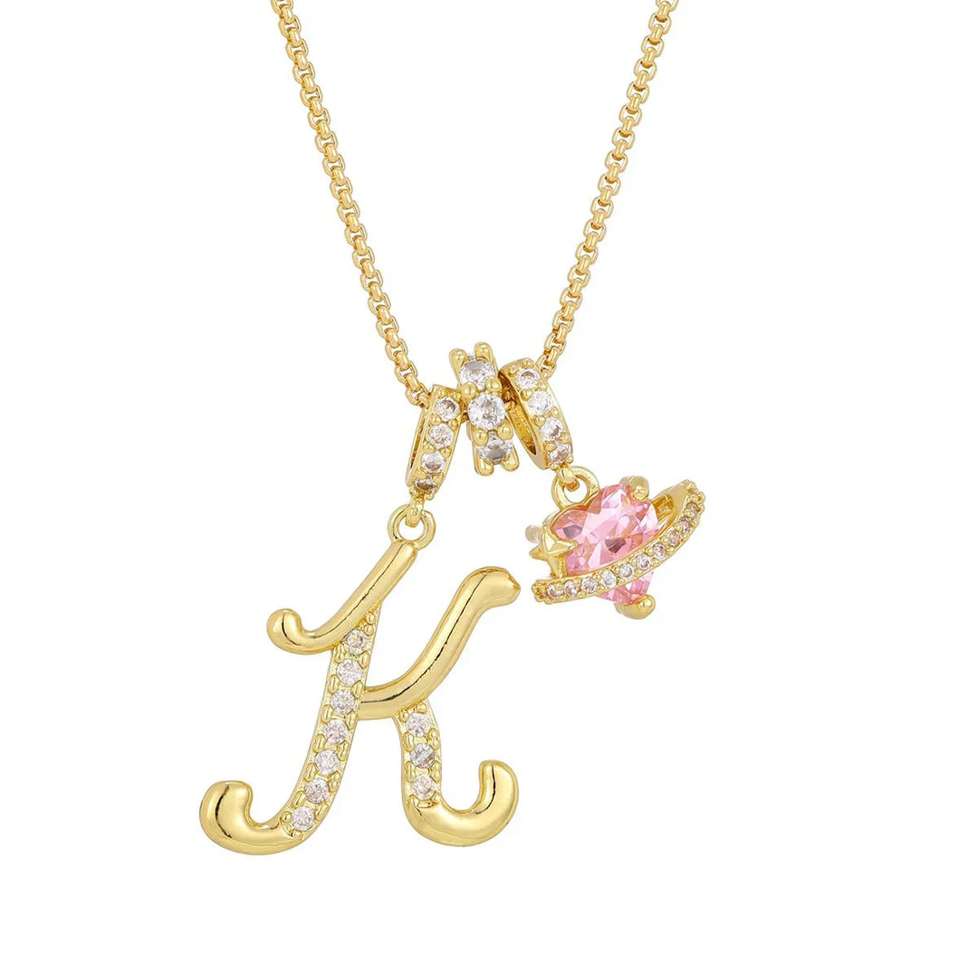 Nerute - Collar Con Inicial y Colgante de Corazón Rosa