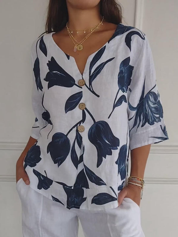Despoina - Elegante Top Con Estampado Floral y Botones