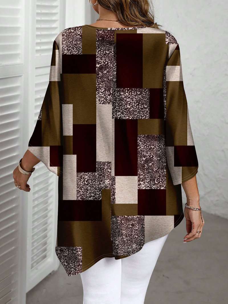 Nurit - Blusa Oversize Estampada a Cuadros Con Manga Corta