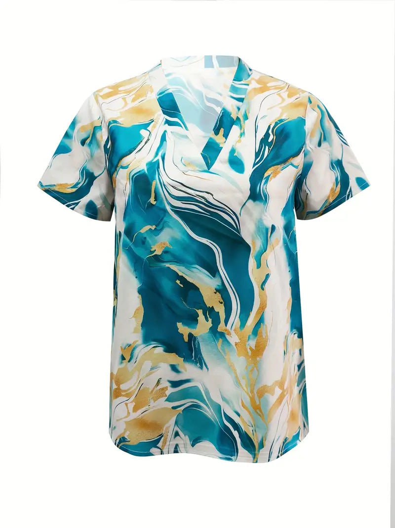 Maroula - Elegante Camisa De Manga Corta Con Estampado De Mármol